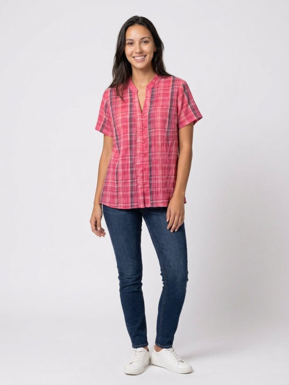 St. John's Bay Women's 1X Polyester-Blend Short-Sleeve Crinkle Button-Up Top